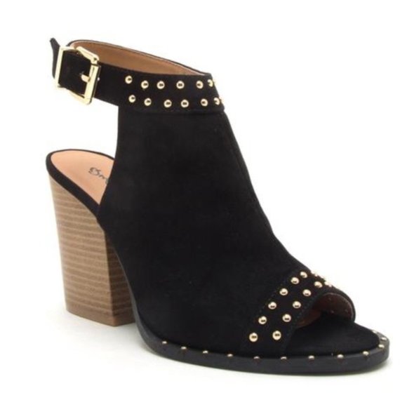 Gold Studded Black Slingback Peep Toe Block Heels - Picture 2 of 9